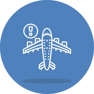 A simple line drawing of an airplane with an exclamation mark suitable for travel apps or web pages.