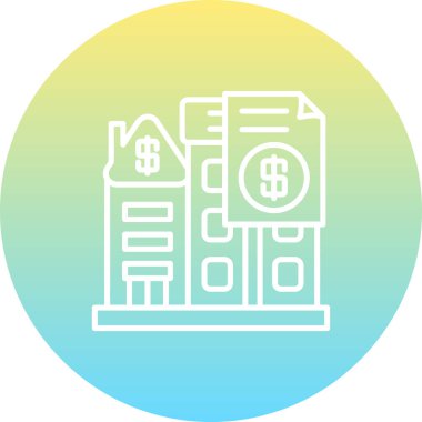 Ticari emlak finansmanı veya ipoteği temsil eden dolar sembollü banka binalarının minimalist simgesi