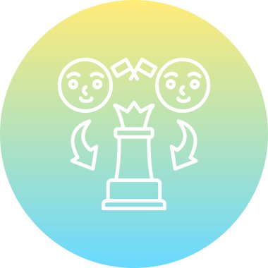 Minimalist çizgi simgesi, üzerinde çapraz bayraklar olan iki adam arasında yerleştirilmiş büyük bir satranç kraliçesi taşını tasvir ediyor..