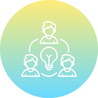 Minimalist taslak ikonu, beyin fırtınası ve kolektif fikir üretimini temsil eden büyük ampulün etrafında daire çizen üç kişiyi gösteriyor..