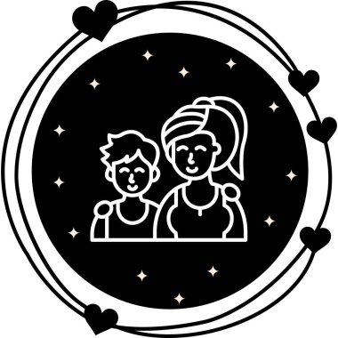 Açık gri eğimli bir daire içinde gülümseyen bir kadın ve çocuğun minimalist çizgi simgesi.