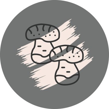 Benekli ve kalın saplı iki küçük mantarın çizgi simgesi.