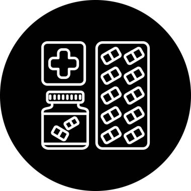 Uygulamalar veya web sayfaları için uygun kapsüllerle tıbbi ilaç şişesi ve su toplayıcı paketinin resimlendirilmesi, doğrusal bir sağlık tasarımı içerir.