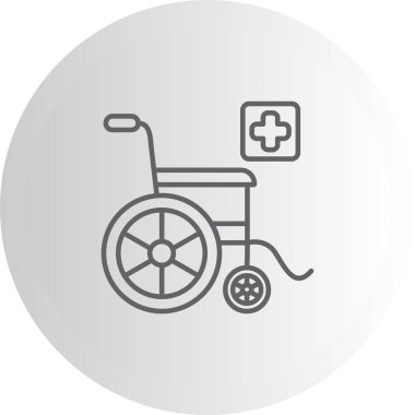 Tıbbi tekerlekli sandalye simgesi uygulamalar veya web sayfaları için uygundur, dairesel çerçevede haç ile doğrusal hareketlilik tasarımı içerir.