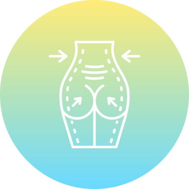 Çemberin içindeki bir kadın alt gövdesinin çizgi simgesi. Estetik cerrahi işaretler ve şekillendirme için oklar..