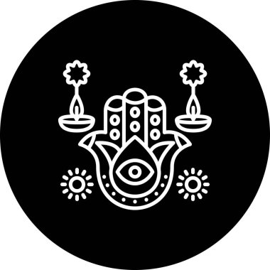 Anahat ikonu, geleneksel gaz lambaları ve göksel güneşlerle çevrili göz sembollü hamsa elini tasvir ediyor