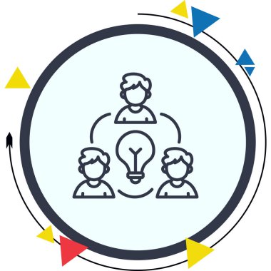 Minimalist taslak ikonu, beyin fırtınası ve kolektif fikir üretimini temsil eden büyük ampulün etrafında daire çizen üç kişiyi gösteriyor..