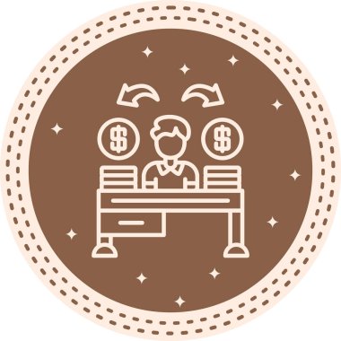 Para yığınları ve finansal yönetimi veya zenginlik dağılımını temsil eden eğri oklarla masada oturan kişiyi gösteren yaratıcı simge