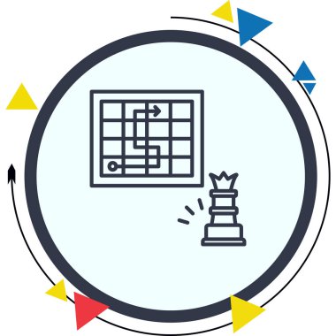 Stratejik iş grafikleri bir satranç kraliçesini ve uygulama planlama veya strateji sayfaları için uygun bir yol okuna sahip bir ızgarayı gösteriyor.