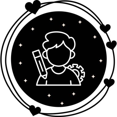 Bir satır simgesi, yanında kalem ve dişli sembolleri olan kişi profilini betimler.