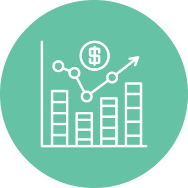 Uygulamalar veya ticaret sayfaları için uygun, bir çember içinde bar grafikleri, bir bozuk para ve yükselen bir ok gösteren mali iş illüstrasyonu.