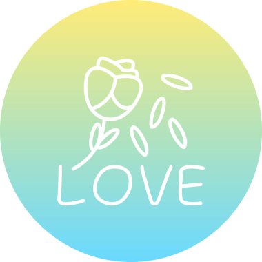 Düşen taç yaprakları ve aşk sözcüğüyle bir gül goncasının minimalist çizgi simgesi.