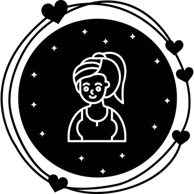 Saçı at kuyruğu olan ve spor bluzu giyen bir kadının minimalist çizgi simgesi..