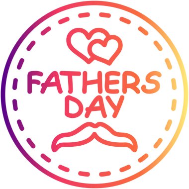 İçinde iki kalp, bir bıyık ikonu ve kutlama metni bulunan dairesel Babalar Günü rozeti, bayram selamlama uygulamaları veya mevsimsel web afişleri için uygun.