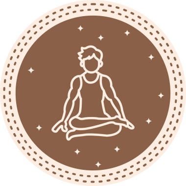 Minimalist çizgi ikonu, yoga, meditasyon ve sükuneti temsil etmek için çapraz bacaklı nilüfer çiçeğinin içinde oturan erkek figürüne sahiptir..