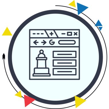 Arama ve menü ögeleri ile bir web tarayıcı arayüzünde gösterilen satranç piyonunu tasvir eden minimalist satır simgesi.