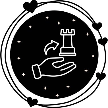 Basit bir çizgi grafiği, bir satranç kalesini hareket gösteren eğri bir okla tutan tek bir eli betimler..