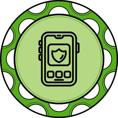 Beyaz dairesel arkaplan illüstrasyonunda ekranda üç düğmeli akıllı telefon simgesi gösteriliyor. Web sayfaları veya uygulamalar için güvenli mobil uygulama arayüzü.