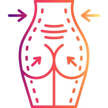 Çemberin içindeki bir kadın alt gövdesinin çizgi simgesi. Estetik cerrahi işaretler ve şekillendirme için oklar..