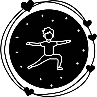 Minimalist çizimde savaşçı bir erkek figürü var. İki yoga pozu, sağlık uygulamaları için ideal..