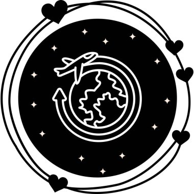 Seyahat dünyası grafikleri uygulamaları veya turizm web sayfaları için uygun bir dünya, uçak ve dairesel ok gösteriyor.