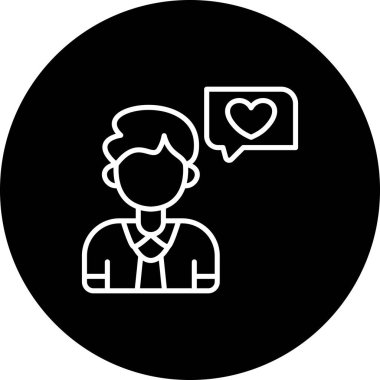 Nişan Simgesi. Kalp konuşma baloncuğu olan bir adamın çizimi.