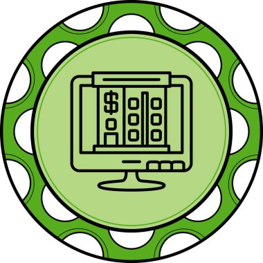 Banka binası ve dolar sembolü ile çevrimiçi bankacılık arayüzünü dokulu fırça darbesi detaylarıyla gösteren bilgisayar monitörü