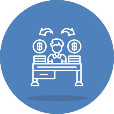 Para yığınları ve finansal yönetimi veya zenginlik dağılımını temsil eden eğri oklarla masada oturan kişiyi gösteren yaratıcı simge