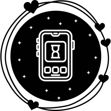 Beyaz dairesel arkaplanda üç düğmeli kum saati simgesini gösteren akıllı telefon. Uygulamalar veya web sayfaları için mobil zaman yönetimi uygulama arayüzü.