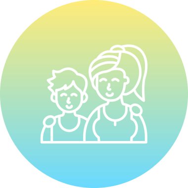 Açık gri eğimli bir daire içinde gülümseyen bir kadın ve çocuğun minimalist çizgi simgesi.