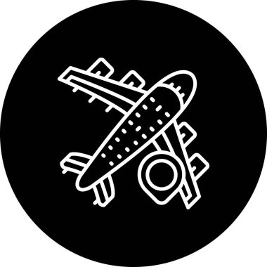 A simple line illustration of a plane with a location pin suitable for travel apps or web pages.