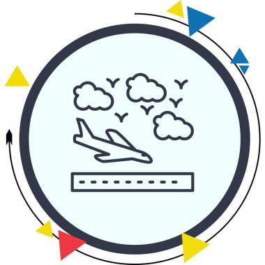 Seyahat uygulamaları veya web sayfaları için uygun bir pistten kalkan bir uçağın basit bir çizgisi çizimi.
