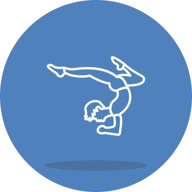 Minimalist çizgi ikonu, erkek figürünün dairesel düğme içinde poziyon vermesi gelişmiş fitness, denge ve atletik gücü temsil eder..