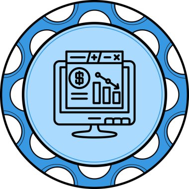 Finans paneli, dolar sembolü, bar grafiği ve ekonomik kaybı gösteren aşağı yönlü eğilim okuyla muhasebe yazılım arayüzünü gösteren bilgisayar monitörü