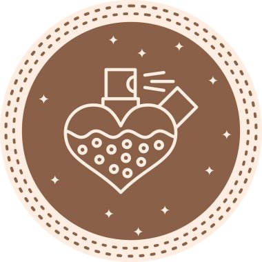 Kalp şeklinde bir parfüm şişesinin minimalist çizgi ikonu ince bir sis püskürtüyor, açık gri eğim çemberinin içinde..