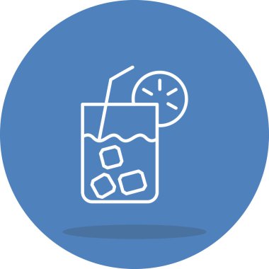 A minimalist line icon of a cocktail glass with ice cubes, a straw, and a citrus slice garnish.