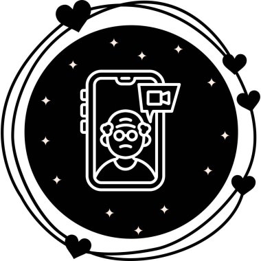 Görüntü Simgesi Ara. Arama sırasında yaşlı bir adamı sosyal uygulamalar veya web sayfaları için uygun bir şekilde akıllı telefon ekranında gösteren iletişim grafikleri.