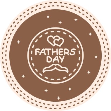 İçinde iki kalp, bir bıyık ikonu ve kutlama metni bulunan dairesel Babalar Günü rozeti, bayram selamlama uygulamaları veya mevsimsel web afişleri için uygun.