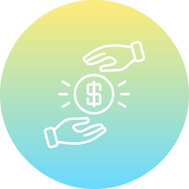 Finansal işlemleri, bağış bağışı, ödeme ve servet paylaşımını temsil eden parlayan para alışverişinde bulunan iki elin minimalist simgesi