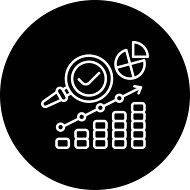 Kontrol işareti, pasta grafiği ve yükselen çubuk grafiği olan büyüteç çizimi.