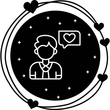 Nişan Simgesi. Kalp konuşma baloncuğu olan bir adamın çizimi.