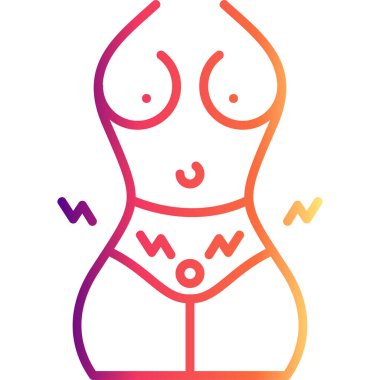 Bu doğrusal ikon, pelvis bölgesinde ağrı göstergeleri olan, regl kramplarını veya karın ağrısını temsil eden stilize edilmiş bir kadın gövdesini tasvir eder..