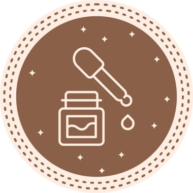 Minimalist beyaz çizgi simgesi, katı dairesel arkaplan üzerinde tek damla damlayan etiketli ve pipetli küçük kare şişeyi gösterir.