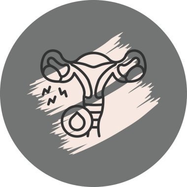 Bu stilize edilmiş tıbbi ikon, uterus, fallop tüpleri ve bir ağrı göstergesi ile yumurtalıkları içeren kadın üreme sistemini gösteriyor..