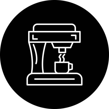 Otomatik espresso ya da altında küçük bir fincan olan, katı siyah dairesel arka plan merkezli kahve makinesinin çizgili sanat simgesi.