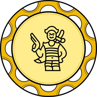 Huysuz korsan bicorne şapkası ve çizgili gömleği vardı. Sırtında büyük bir bıçak taşırken elinde silah duruyordu.