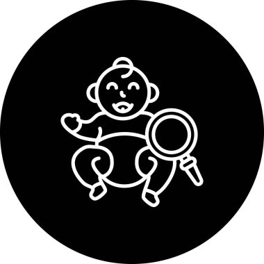 Gülümseyen bir bebeğin minimalist çizgi simgesi eğimli bir arkaplanda büyüteçle inceleniyor.