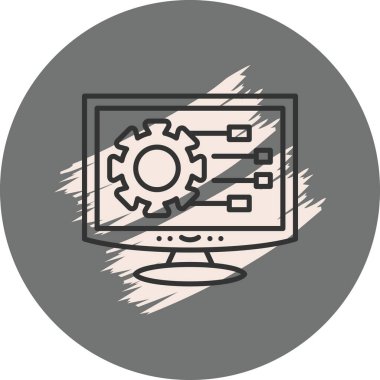 Bağlantı düğümleri olan mekanik bir teçhizatı gösteren bilgisayar monitörü simgesi, sistem ayarı uygulamaları veya teknik yapılandırma web sayfaları için uygundur.