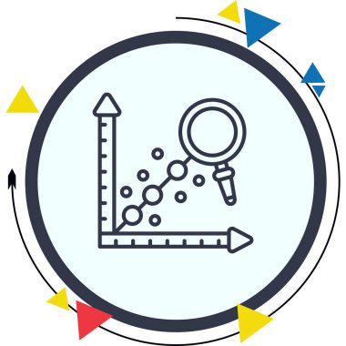 Satır grafiği ve büyüteç içeren istatistiksel veri tablosu simgesi, veri analizi uygulamaları veya araştırma web sayfaları için uygundur.