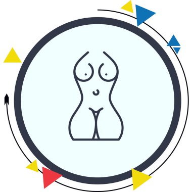 Dairesel bir çerçeve içinde ortalanmış, sağlığa, sağlığa ya da vücut-pozitif uygulamalara uygun bir kadın gövdesi çizimi..